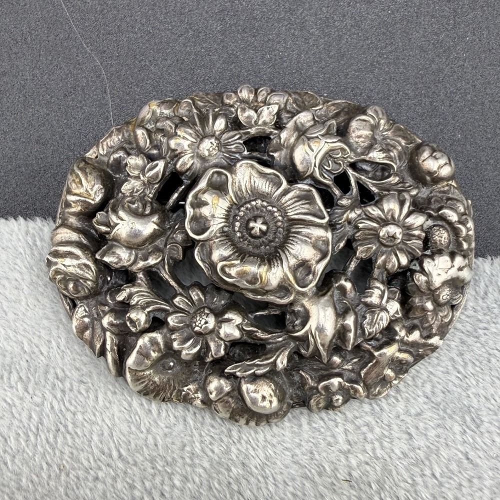 Vintage Sash Pin Brooch Silver Tone Flower Repousse